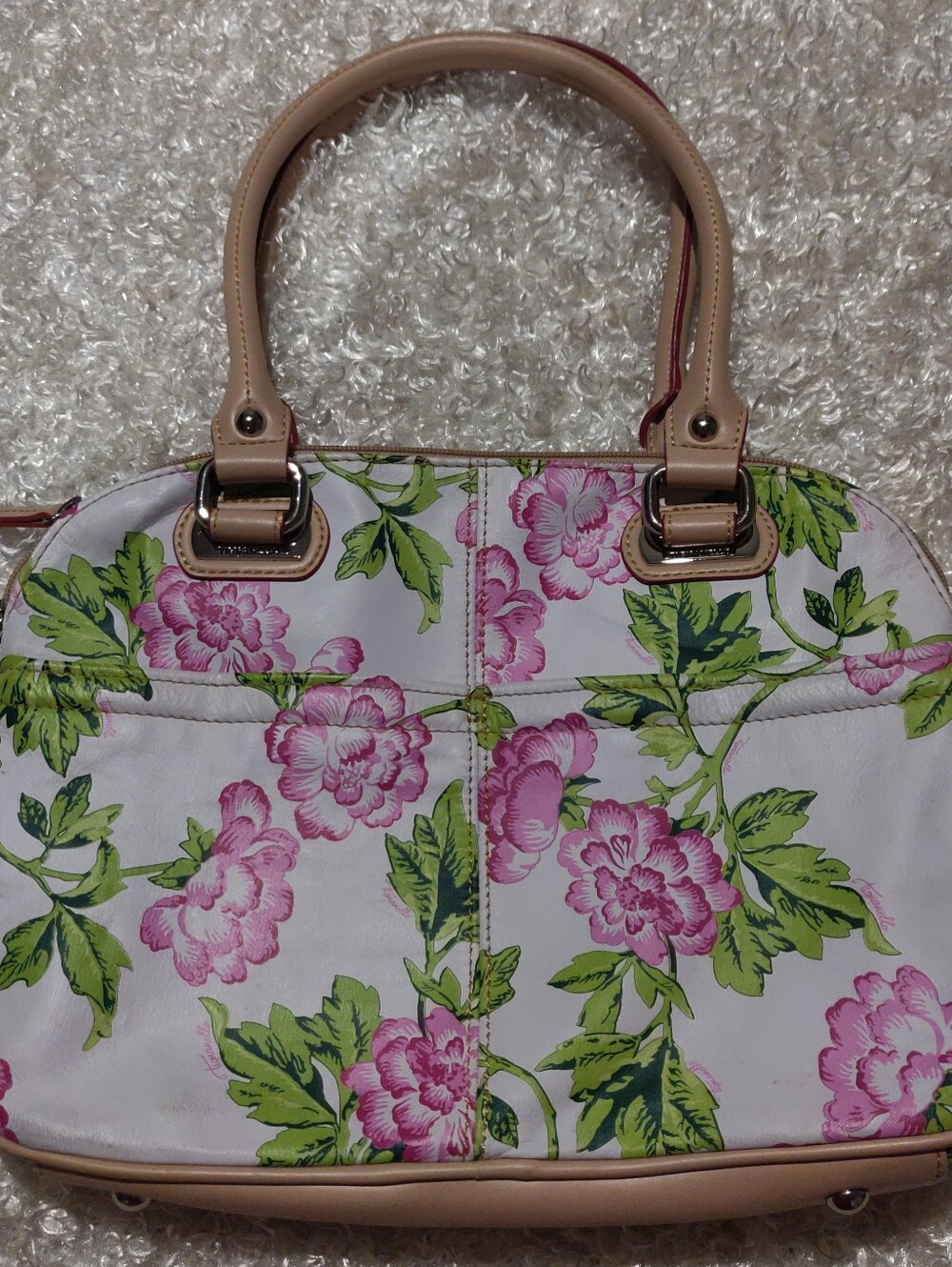 Women's Leather Floral Print Dome Satchel Handbag in Pink and Green Tiganello